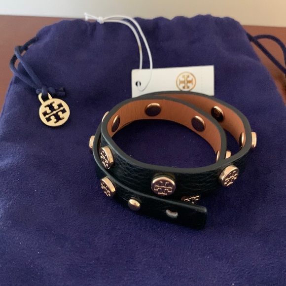 Tory Burch black leather double wrap stud bracelet